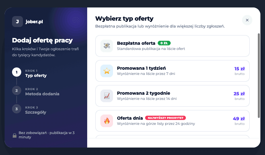 The Jober job-posting wizard - choosing the offer type